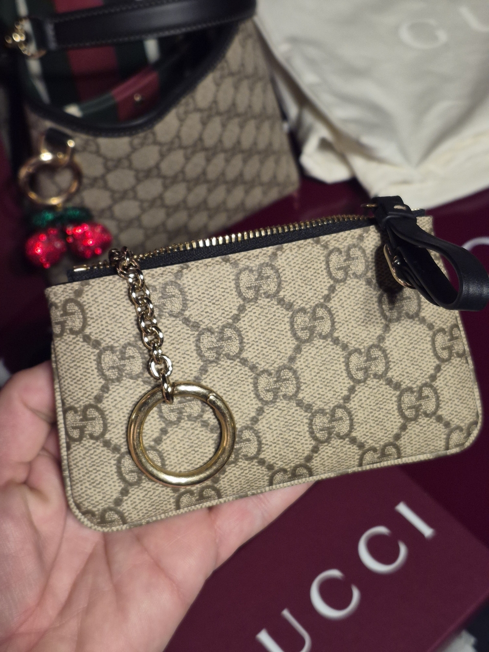 Gucci Beige GG Supreme Canvas Mini Shoulder Bag with Cherry Charm - Picture 5 of 7